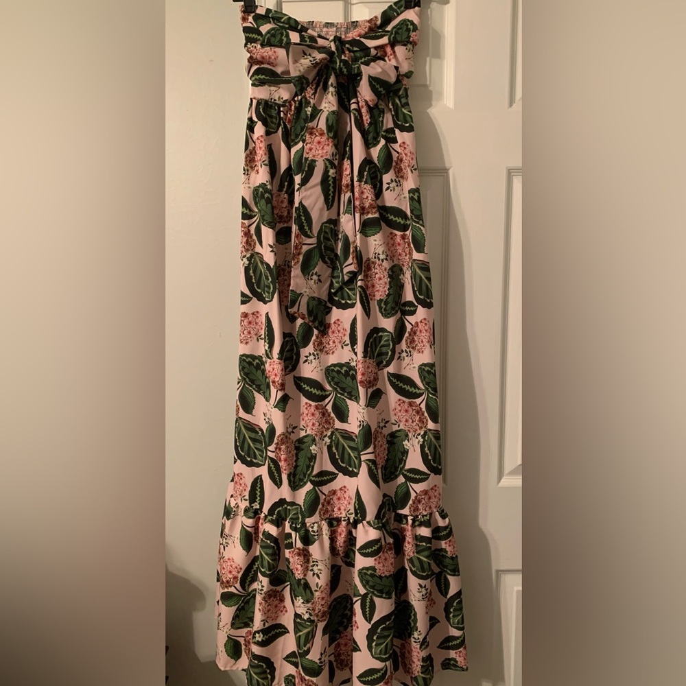 Capittana Strapless long dress w/ ruffle hem, bow at bust, XS, pink & green NWT